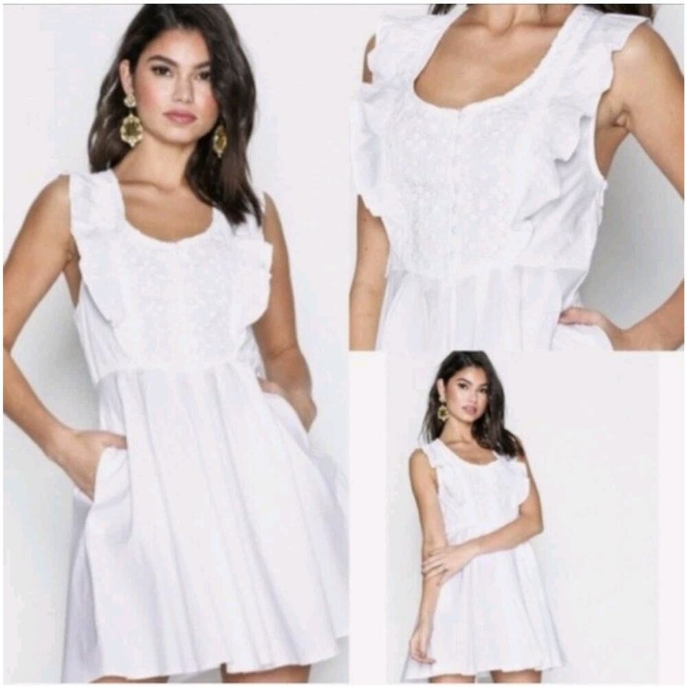 New Free People Half Moon White Cotton Mini Dress Crochet Neckline sz Medium